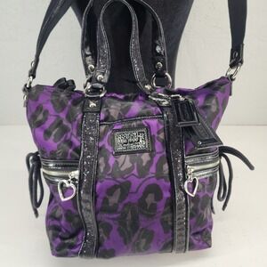Coach Poppy Daisy Ocelot Purple Black Leopard Print Leather Satchel Bag F20071